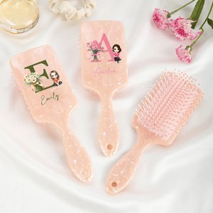 Personalised Birth Flower Bouquet Initial Cartoon Character Long Handle Paddle Brush with Name and Ribbon Birthday Wedding Gift for Women
