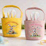 Personalized Happy Easter Bunny Ears Name Easter Basket with with Text and Tail Easter Party Gift for Boys Girls
