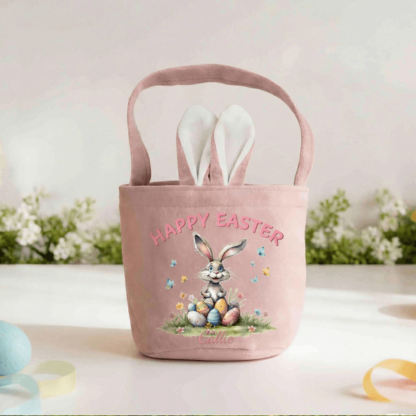 Personalized Happy Easter Bunny Ears Name Easter Basket with with Text and Tail Easter Party Gift for Boys Girls