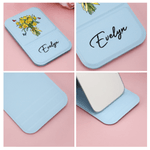 Personalised Watercolor Birth Flower Bouquet Butterfly PU Leather Makeup Mirror with Name Foldable Travel Essential Birthday Gift for Women