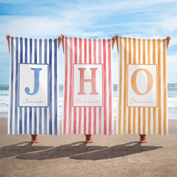 Personalized Watercolor Stripe Design Quick Dry Oversized Beach Towel with Name and Initial Summer Vacation Birthday Gift for Women Couples