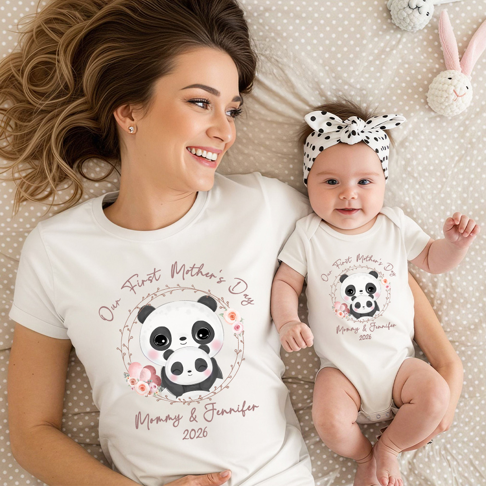 Body Bébé et T-shirt Adulte Personnalisés avec Nom et Date Cadeau de Fête des Mères pour Nouveau-né et Nouvelle maman
