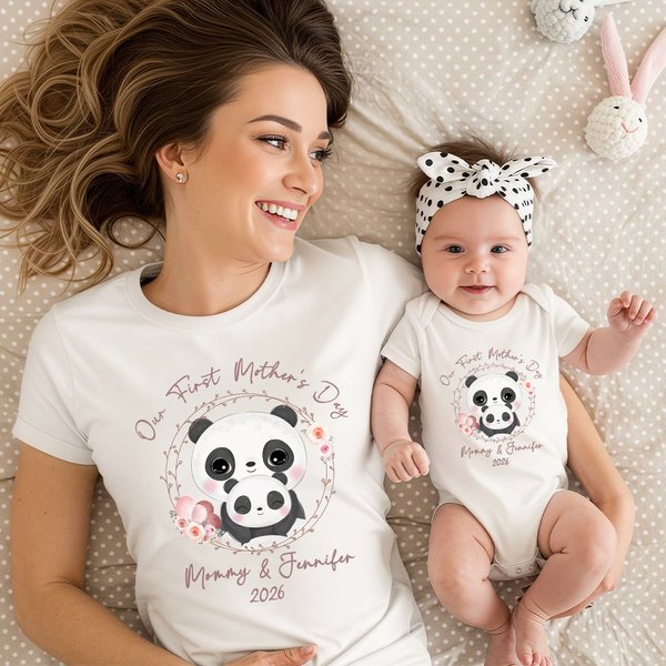 Body Bébé et T-shirt Adulte Personnalisés avec Nom et Date Cadeau de Fête des Mères pour Nouveau-né et Nouvelle maman