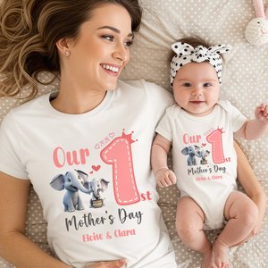 Personalized Cute Elephant 1st Mother's Day 100% Cotton T-shirt Baby Bodysuit with Name Birthday Gift for Baby Mom
