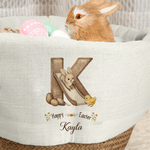 Personalized Cute Bunny Initial Easter Basket Liner with Name Easter Party Favor Eggs Hunting Gift for Kids