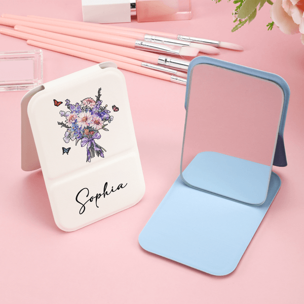 Personalized Watercolor Birth Flower Bouquet Butterfly PU Leather Makeup Mirror with Name Foldable Travel Essential Birthday Gift for Women