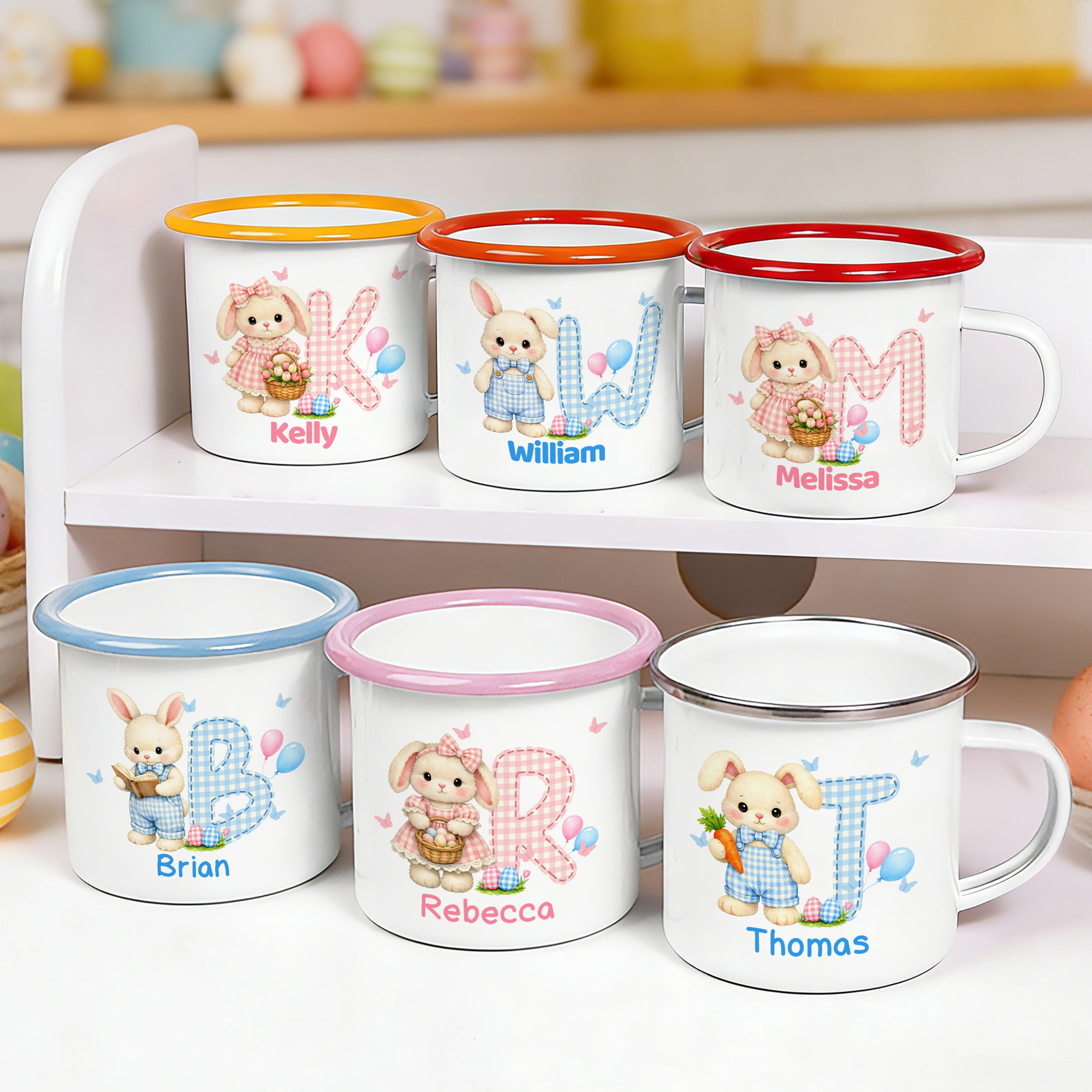 Tasse en émail 12 oz avec nom Utilisation quotidienne Chasse aux oeufs de Pâques Cadeau pour enfants Filles Garçons