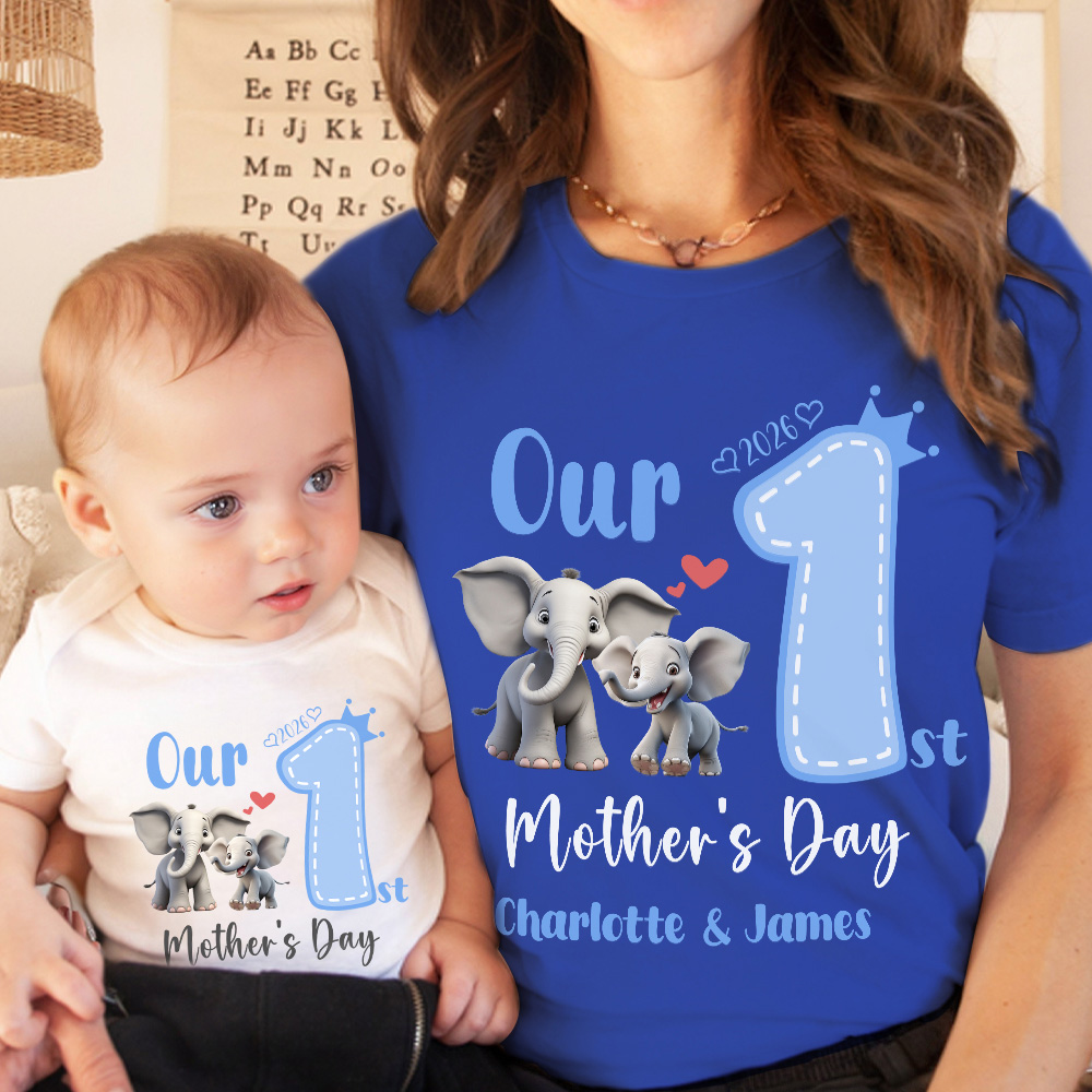 Discover Personalized Cute Elephant 1st Mother's Day 100% Cotton T-shirt Baby Bodysuit with Name Birthday Gift for Baby Mom
