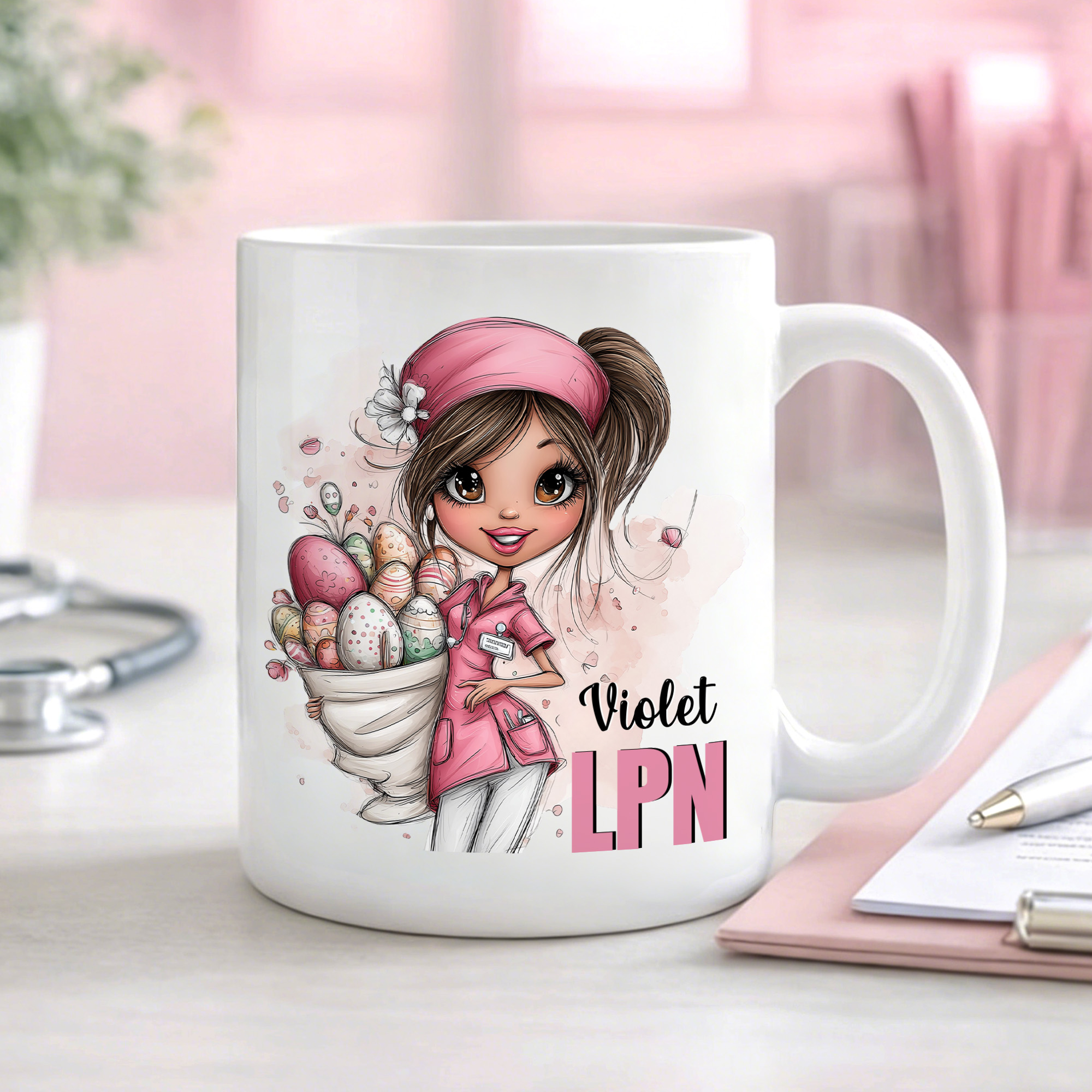 Mug en céramique avec nom et profession Cadeau d'appréciation de Pâques pour infirmière, infirmier, travailleur de la santé
