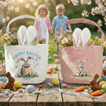Personalized Happy Easter Bunny Ears Name Easter Basket with with Text and Tail Easter Party Gift for Boys Girls