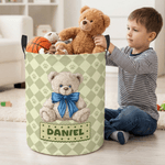 Personalized Cute Teddy Bear Waterproof Laundry Storage Basket with Name and Handle Birthday Housewarming Gift for Boys Girls