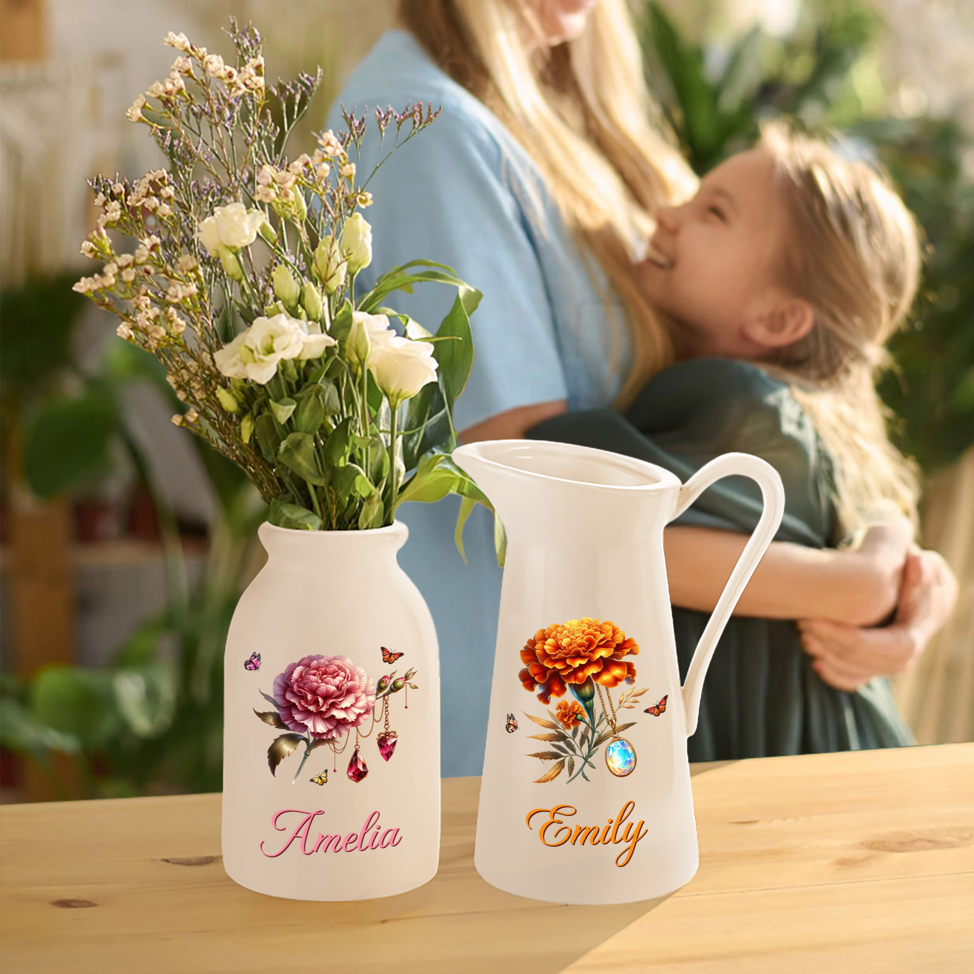 Vase en céramique personnalisé avec nom et fleur de naissance Cadeau d'anniversaire de la fête des mères pour les femmes