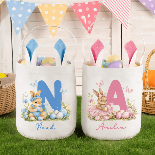 Personalized Cute Rabbit Flower Butterfly Initial Bunny Ears Easter Basket with Name Eggs Hunting Party Favor Easter Gift for Kids