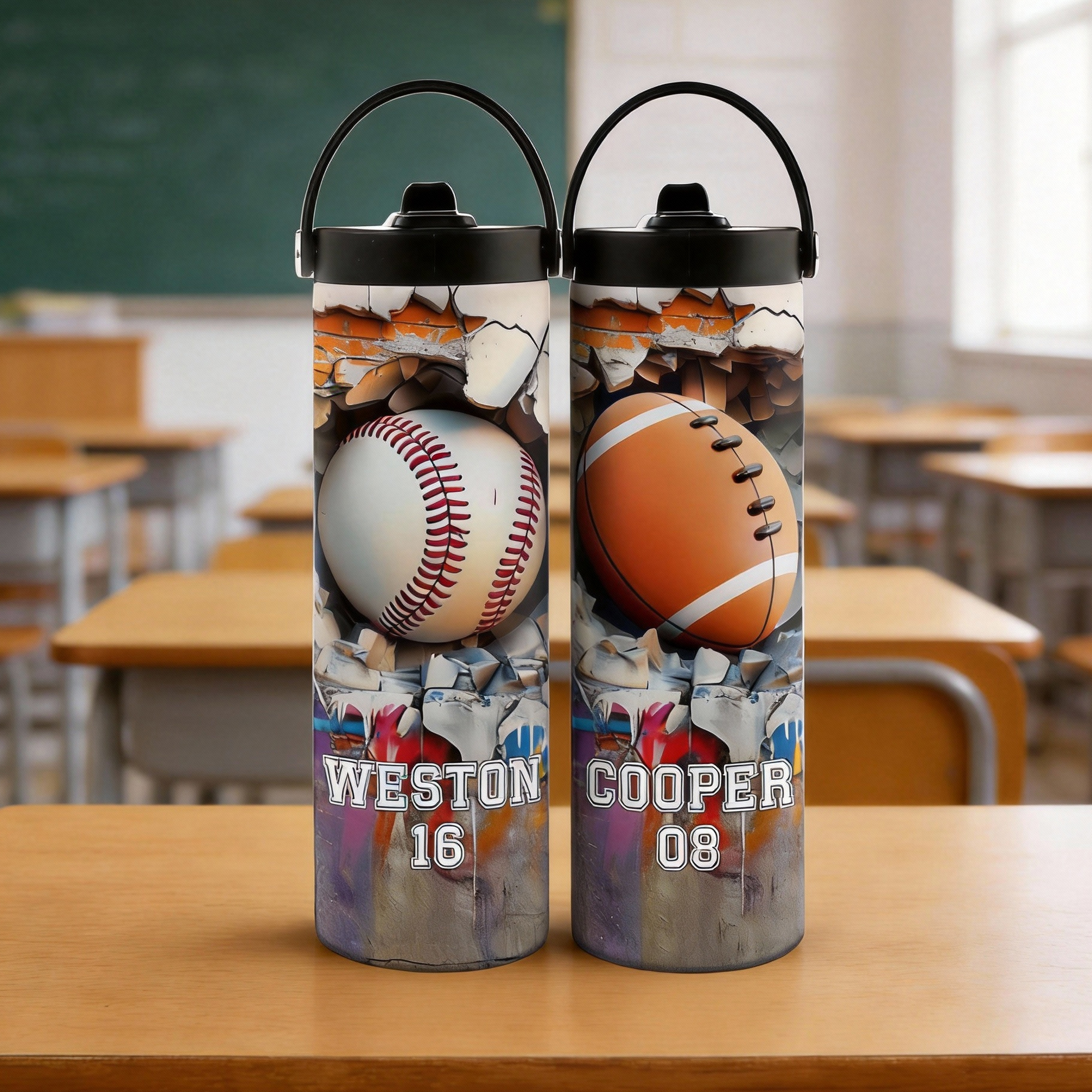 Bouteille d'eau isotherme personnalisée Baseball Basketball Sport 20 oz avec nom, numéro et poignée Compétition Journée Sport Evénement Cadeau pour les joueurs