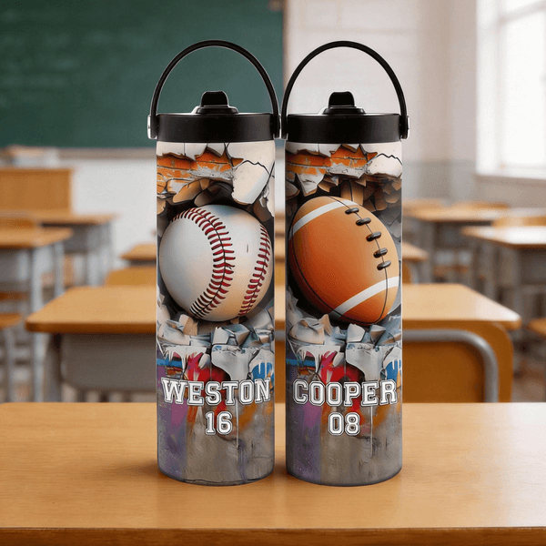 Personalized Baseball Basketball Sport 20 oz Insulated Water Bottle with Name Number and Handle Competition Day Sport Event Gift for Players