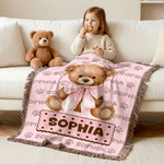 Personalized Bow Teddy Bear Biscuit Soft Tassel Blanket with Name Nursery Decor Birthday Gift for Kids Family