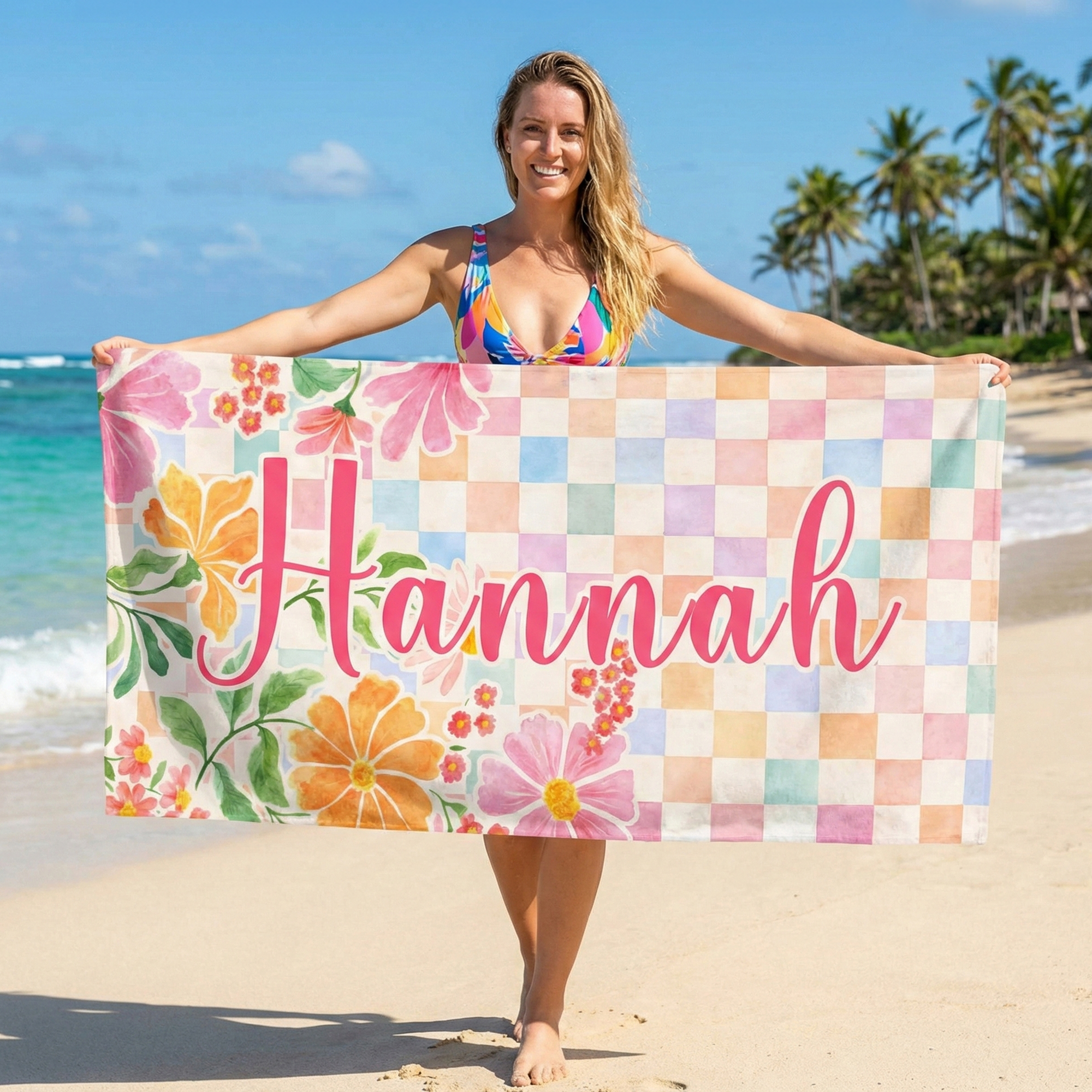 Serviette de plage surdimensionnée avec nom et cordon de serrage Cadeau d'anniversaire pour les femmes