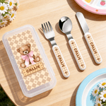 Personalized Multi-Color Cute Teddy Bear Kids Knife Fork Spoon Three-Piece Set with Name Daily Dining Birthday Gift for Children  Toddlers