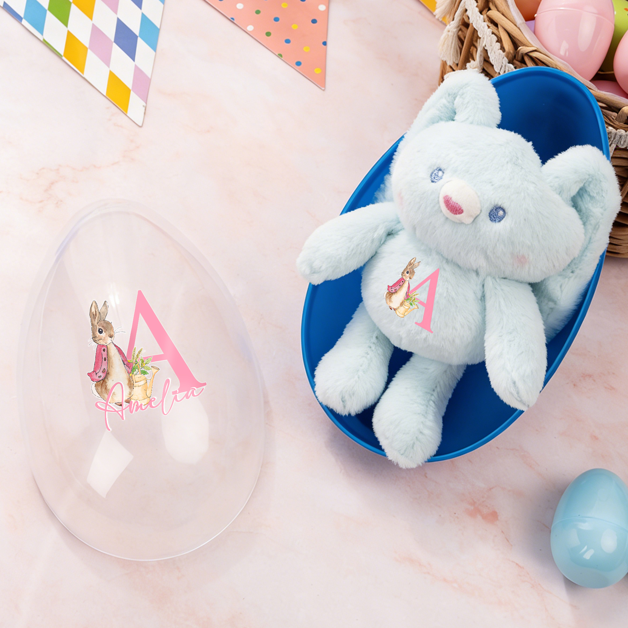 Oeuf de Pâques Personnalisé avec Initiale Nom et Motif de Pierre Lapin Oeuf Géant à Remplir Cadeau Anniversaire Fête de Pâques Pour Enfants