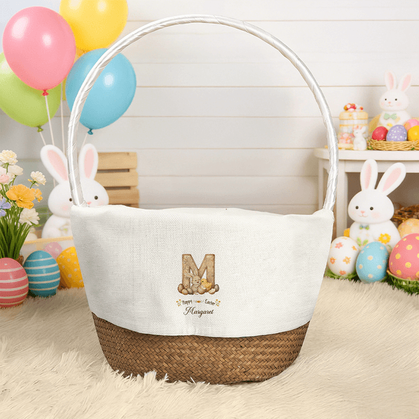 Personalized Cute Bunny Initial Easter Basket Liner with Name Easter Party Favor Eggs Hunting Gift for Kids