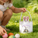 Personalized Happy Easter Bunny Ears Name Easter Basket with with Text and Tail Easter Party Gift for Boys Girls