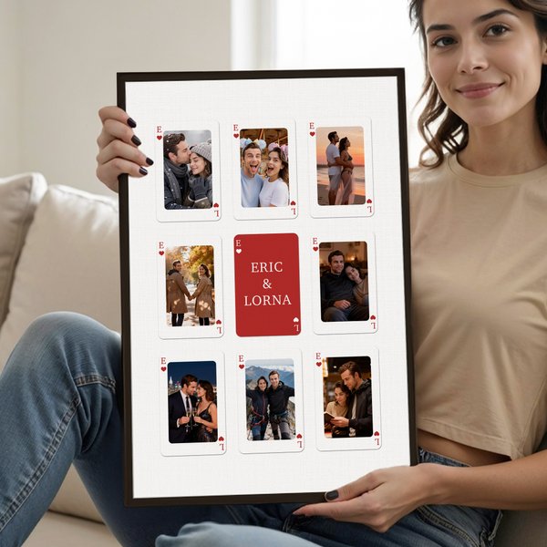Personalized Playing Card Couple Photos Poster Painting Framed Painting with Initial and Text Valentine's Day Anniversary Gift for Couples Newlyweds