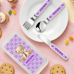 Personalized Multi-Color Cute Teddy Bear Kids Knife Fork Spoon Three-Piece Set with Name Daily Dining Birthday Gift for Children  Toddlers