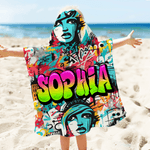 Personalized Graffiti Style Quick Dry Hooded Beach Towel with Name Beach Essentials Summer Vacation Birthday Gift for Kids Graffiti Lovers
