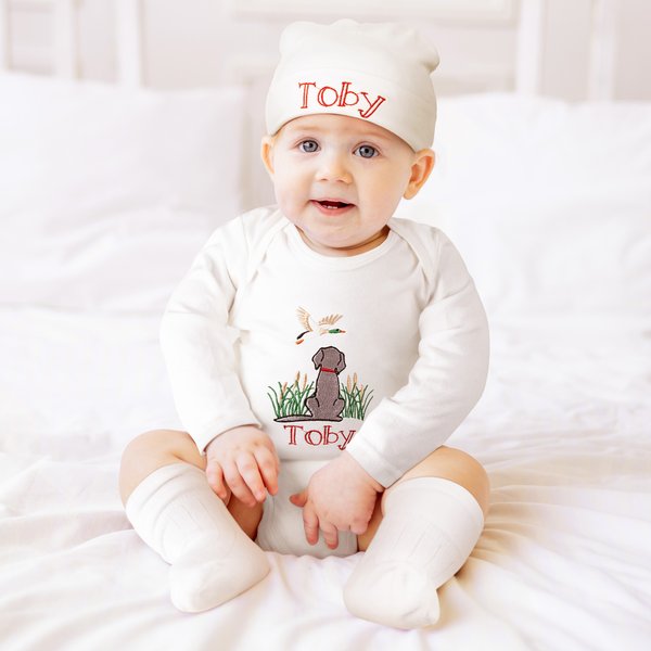 Personalised Embroidered Mallard Dog 100% Cotton Baby Bodysuit with Name Baby Shower Birthday Gift for Babies Newborns