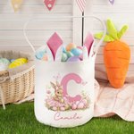 Personalized Cute Rabbit Flower Butterfly Initial Bunny Ears Easter Basket with Name Eggs Hunting Party Favor Easter Gift for Kids