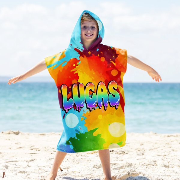 Personalisierte bunte Graffiti-Stil schnell trocknen Hooded Strandtuch mit Farbverlauf Regenbogen Name Reise Verwendung Sommer Urlaub Geburtstag Geschenk für Kinder