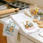 Personalized Cute Animal Waffle Weave Kitchen Towel with Name and Initial Baking Housewarming Gift for Kids