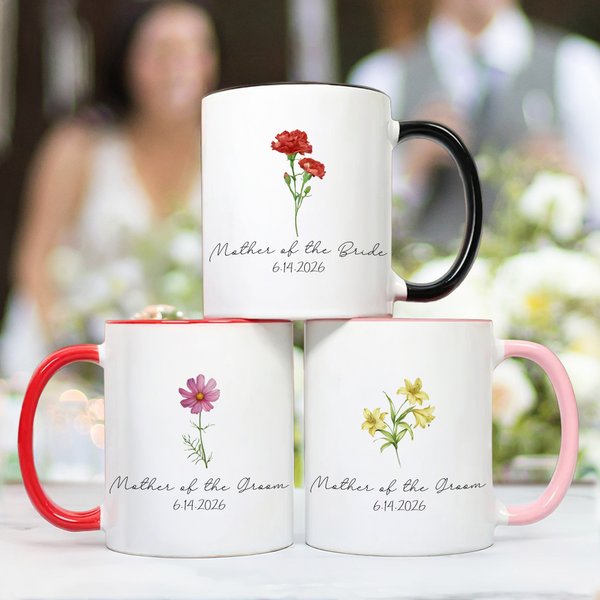 Personalized Birth Flower 11 oz 15 oz Ceramic Mug with Text and Date Bridal Shower Wedding Party Gift for Mom