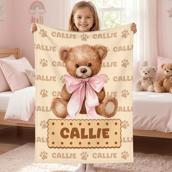 Personalized Cute Teddy Bear Paw Print Soft Throw Blanket with Name Home Decor Birthday Gift for Kids