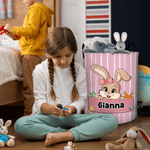 Personalized Cute Bow Hat Rabbit Stripe Storage Laundry Basket with Handle and Name Daily Use Easter Day Gift for Kids