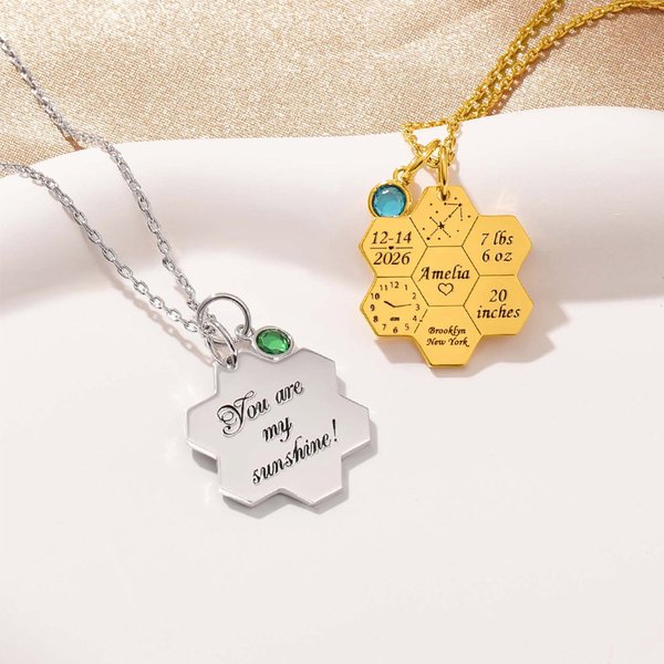 Personalisierte Baby Geburt Statistiken Honeycomb Halskette mit Birthstone Neugeborenen Geburt Ankündigung Weihnachten Muttertag Geschenk für neue Mama