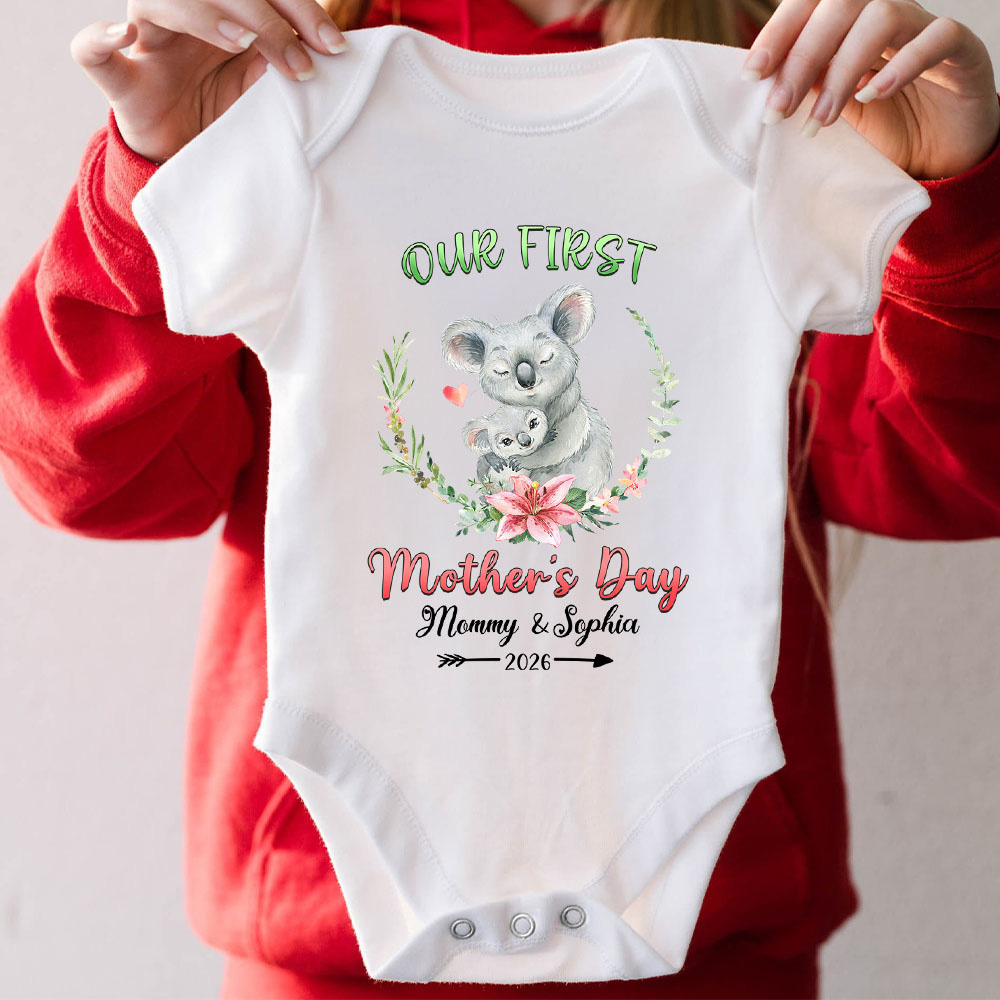 Discover Personalized Our First Mother's Day Baby Onesie with Cute Animal and Name Mother's Day Gift for Newborn