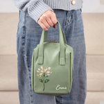 Personalized Birth Flower PU Leather Handheld Makeup Bag with Name Birthday Anniversary Gift for Women