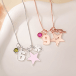 Personalized Star Heart Seahorse Ballerina Pendant Bead Chain Necklace with Birthstone Number and Engraved Name Birthday Gift for Girls Kids