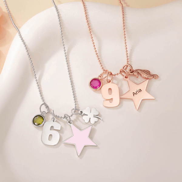 Personalized Star Heart Seahorse Ballerina Pendant Bead Chain Necklace with Birthstone Number and Engraved Name Birthday Gift for Girls Kids