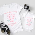 Personalised Baby Footprint First Mother's Day Mom T-shirt and Baby Bodysuit Set with Name Birthday Mother's Day Gift for Mother Baby