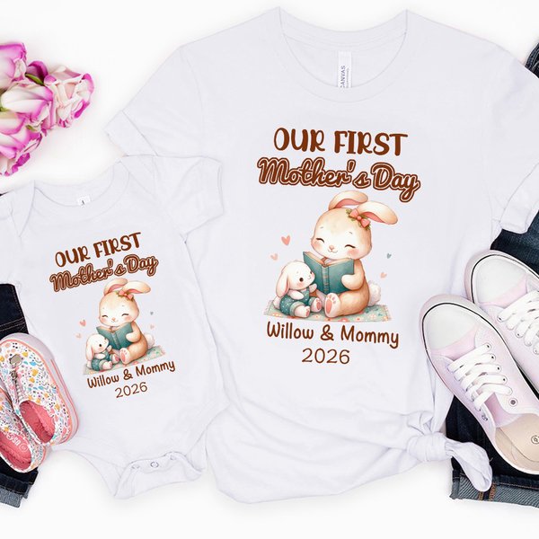 Personnalisé Our First Mother's Day Cute Animal 100% Cotton Baby Bodysuit Mom T-shirt with Name and Year Baby Shower Gift for Baby Mom