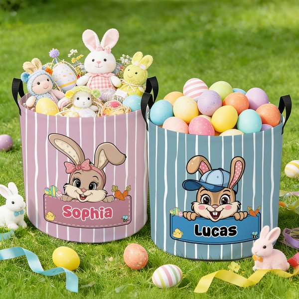 Personalized Cute Bow Hat Rabbit Stripe Storage Laundry Basket with Handle and Name Daily Use Easter Day Gift for Kids