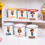 Personalisierte Emaille Tasse mit Cartoon Schulkind und Namen | 355 ml | Schultüte | Einschulung Schulanfang Geburtstag Geschenk für Jungen Mädchen
