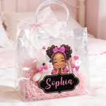 Personalized Cute Cartoon African Girl Clear Gift Bag with Name Birthday Gift for Kids