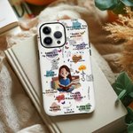 Personalized Cartoon Reading Girl Character Birth Flower Phone Case for iPhone Samsung with Name Daily Use Birthday Gift for Book Lovers