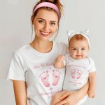 Personalised Baby Footprint First Mother's Day Mom T-shirt and Baby Bodysuit Set with Name Birthday Mother's Day Gift for Mother Baby