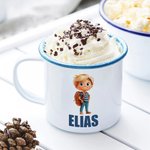 Personalisierte Emaille Tasse mit Cartoon Schulkind und Namen | 355 ml | Schultüte | Einschulung Schulanfang Geburtstag Geschenk für Jungen Mädchen