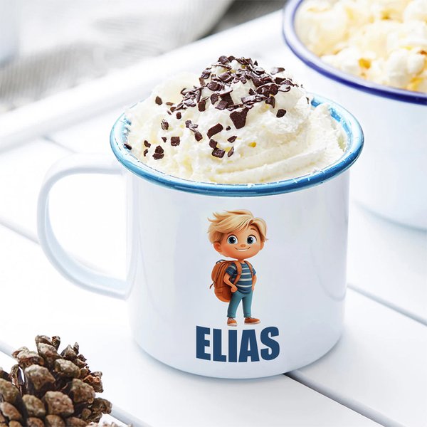 Personalisierte 350 ml Emaille Tasse mit süßem Cartoon Schulkind und Namen Einschulung Schulanfang Schultüte Geburtstag Geschenk für Jungen Mädchen