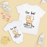 Algodón personalizado Nuestro primer Día de la Madre Jirafa Camiseta de mamá y bebé Onesie con nombres y año de regalo para la nueva mamá bebé